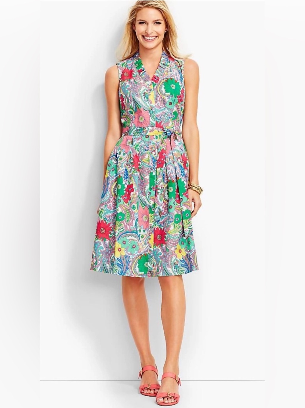 Talbots Colorful Floral Paisley Belted Ruffle Midi Dress Sz 10 Cotton Poplin